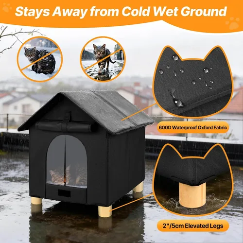 Vista 3 de FHTONGE Casa elevada para gatos al aire libre con alfombrilla lavable, refugio resistente a la intemperie para gatos con 2 salidas, perrera aislada