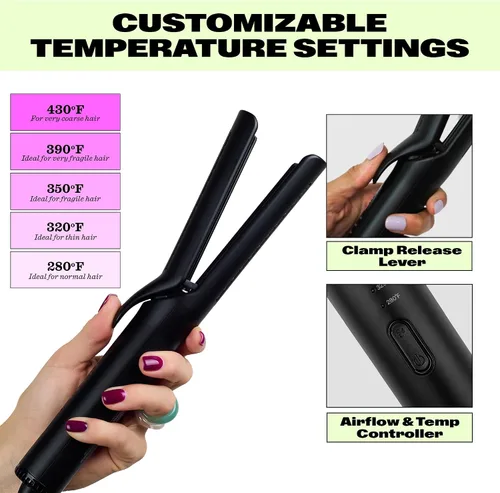 Vista 6 de Trademark Beauty Plancha plana para peinar el flujo de aire, alisador y rizador de pelo 2 en 1, placas de cerámica, revestimiento de turmalina, Negro