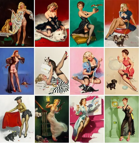 Vista 2 de PIXILUV 12 x Mini Pósters Sin Marco ~ Mascotas Juguetonas y Glamour: Bellezas Vintage Pin-Up con Gatos, Perros y Compañeros Traviesos en Alegres