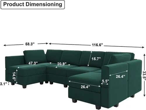 Vista 2 de Belffin - Sofá modular en forma de U, con asiento de almacenamiento, reversible, con tumbona, de terciopelo, color verde