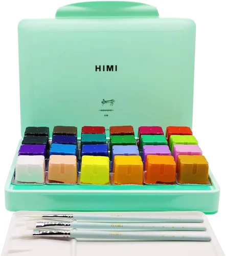 Vista 7 de HIMI - Juego de pintura gouache de 24 colores de 1 onza líquida (30 ml) cada uno, diseño exclusivo de envase de gelatina con 3 pinceles de pintura