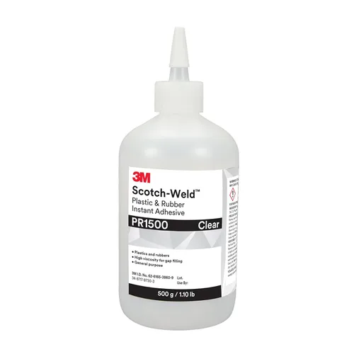 Vista 2 de 3M Scotch-Weld Adhesivo instantáneo de plástico y hule PR1500, transparente, botella de 20 gramos