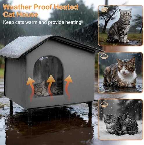 Vista 2 de Casa para gatos climatizada resistente a la intemperie, casa para gatos al aire libre con cama térmica, casa aislada para gatos elevados, refugio