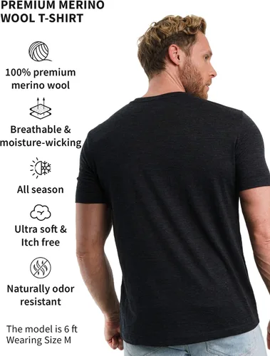 Vista 2 de Merino.tech Camiseta de lana merino para hombre, 100% lana merina orgánica, capa base ligera + calcetines de lana de senderismo