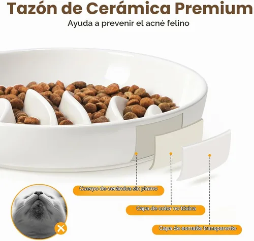 Vista 7 de PETTOM Alimentador lento Cat Bowl de cerámica elevada con soporte de bambú espina de pescado