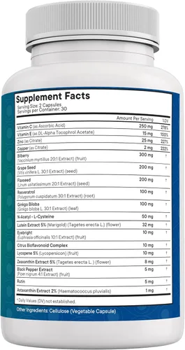 Vista 9 de NEW AGE Vitaminas para la salud ocular con arándano, luteína y zeaxantina, licopeno, resveratrol, semillas de uva, astaxantina, vitamina