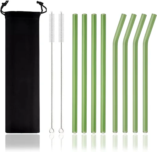 Vista 15 de JASHII Pajitas de vidrio reutilizables, pajitas transparentes de 7.87 x 0.3 pulgadas con cepillo limpio, estuche de viaje negro para bebidas Azul