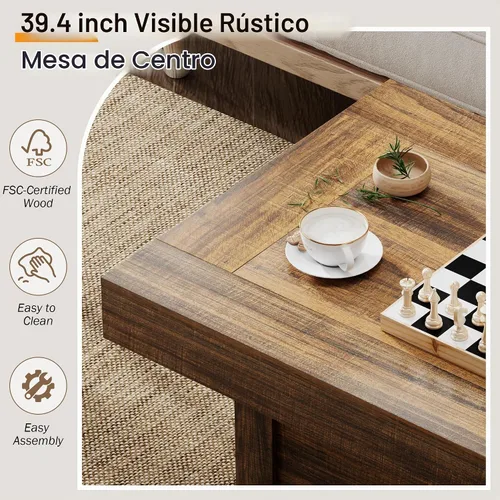Vista 3 de Mesa de café Lareth 39 pulg. Mesa de centro rústica con pedestal de madera en X para sala de estar, ahorro de espacio, mesa de té de diseño