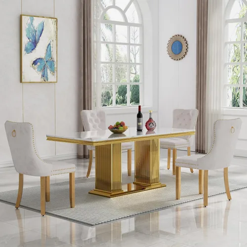 Vista 29 de Juego de mesa de comedor de mármol para 4, mesa de cocina rectangular de mármol negro de 68 pulgadas con base en H de acero inoxidable dorado, juego