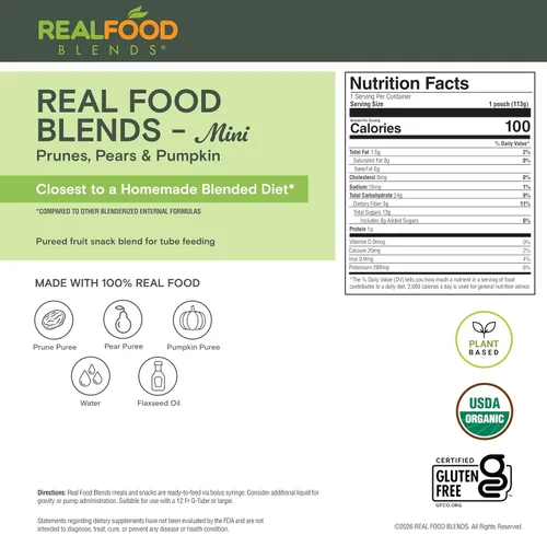 Vista 3 de REAL FOOD BLENDS Mini, mezcla de ciruelas pasas, peras y calabaza, aperitivo en puré para alimentación por tubo con aceite de linaza, 100 calorías