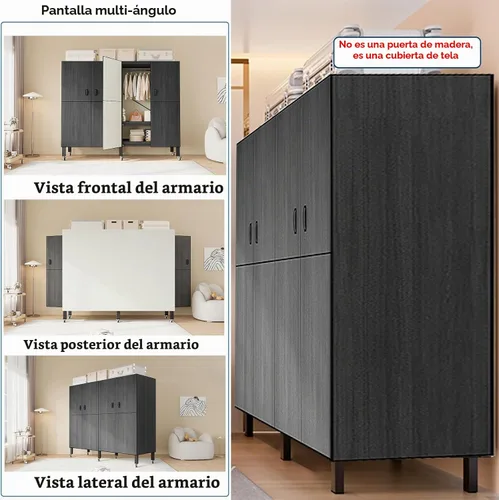 Vista 3 de Perchero cubierto resistente con puerta magnética, plegable, portátil, para colgar ropa, perchero de metal negro con ruedas (negro, 49.12 pulgadas)
