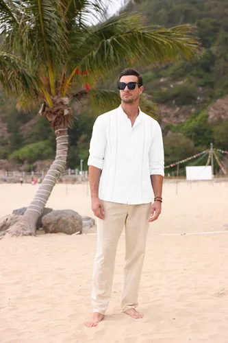 Vista 5 de Pengfei Camisas casuales de lino de algodón para hombre, estilo guayabera, con botones, manga larga, para la playa