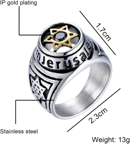 Vista 3 de Anillo individual de ónix negro de acero inoxidable con estrella de David de Jerusalén