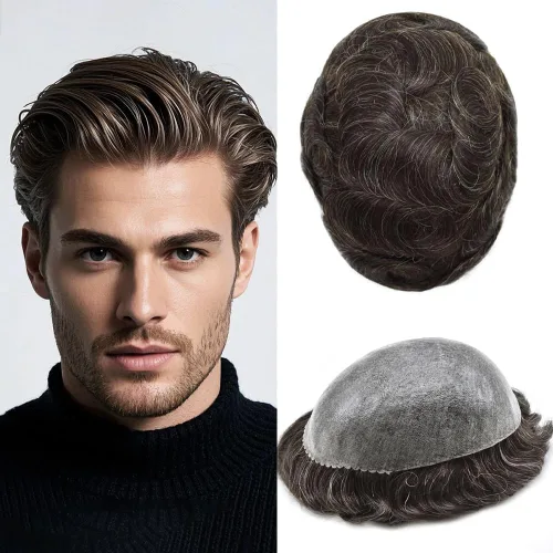 Vista 330 de Toupee para hombre 100% cabello humano real tupé para hombres 0.004 in piel de poliuretano para hombre, sistema de reemplazo de piezas de pelo