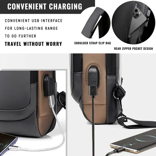 Vista 3 de Bolso cruzado para hombre, bolsa de pecho para hombre con puerto de carga USB, mochila cruzada con hombre, adecuada para uso diario y al aire libre