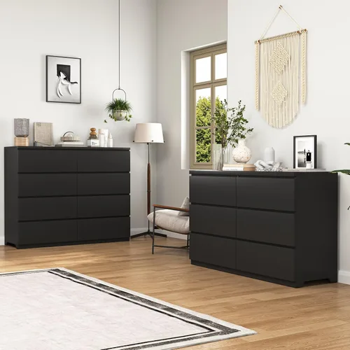 Vista 9 de Cómoda negra de 6 cajones para dormitorio, cómoda de cajones profundos moderna con diseño sin tirador, cómoda de almacenamiento con cajones, mueble