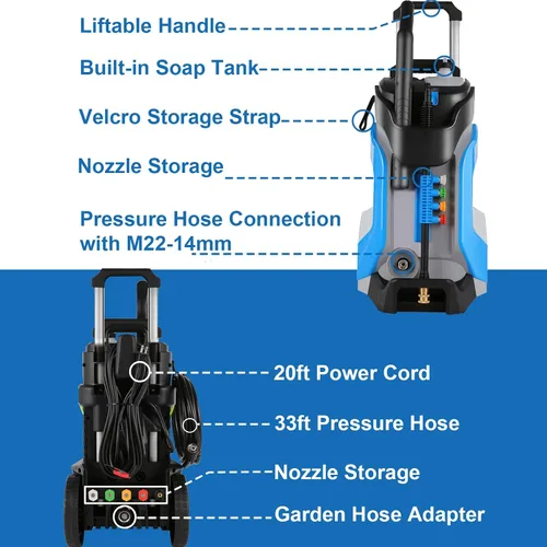 Vista 5 de Lavadora a presión eléctrica 5000PSI 4.0GPM con manguera de presión M22-0.551 in 33 pies, rociadores eléctricos de alta presión con limpiador