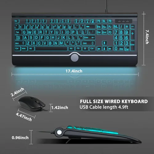 Vista 2 de Combo de teclado y ratón con cable - Teclado retroiluminado con letras grandes, teclado USB silencioso con cable y ratón óptico para Windows, PC
