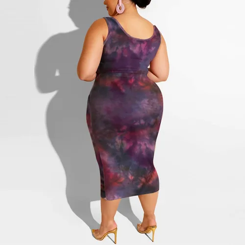 Vista 4 de Conjunto vestido a media pierna de 2 piezas de talla plus, conjunto de falda ajustada, top ajustado, estampado estilo hippy sin mangas