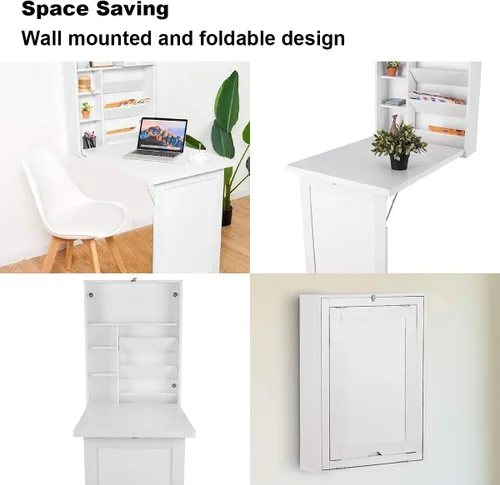 Vista 4 de Giantex GRAFFY - Escritorio de pared flotante, ahorro de espacio, escritorio convertible con área de almacenamiento, mesa plegable de madera