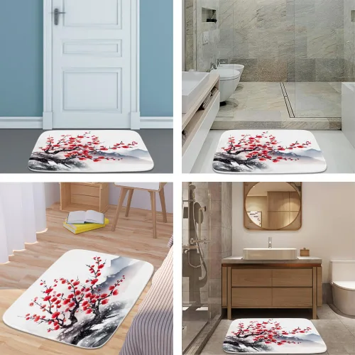 Vista 5 de Alfombra de baño floral con ramas de flor de ciruelo, terciopelo coral, tapete de ducha antideslizante para baño, árbol de flores