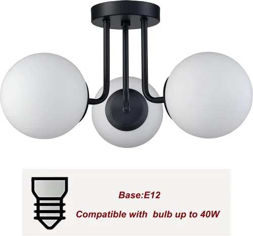 Vista 6 de Lámpara de techo semiempotrada moderna de metal negro de 3 luces con pantalla de vidrio de globo blanco, lámpara de montaje en techo para pasillo