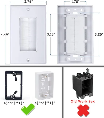 Vista 3 de Paquete de 2 placas de pared de un solo cepillo, placa frontal de una sola banda, enchufe de pared para HDTV, HDMI, red, cables coaxiales, cables