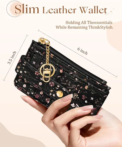 Vista 2 de Cartera delgada pequeña para tarjetas para mujeres – Linda cartera con llavero con bloqueo RFID que sostiene 7 tarjetas, diseño de moda de cuero