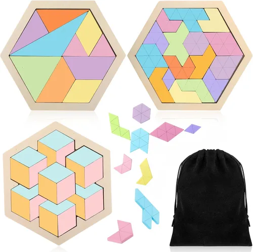 Vista 15 de Yunsailing Paquete de 3 rompecabezas grandes de madera hexagonal Tangram rompecabezas de madera rusa para adultos desafío teasers geométrico, lógica