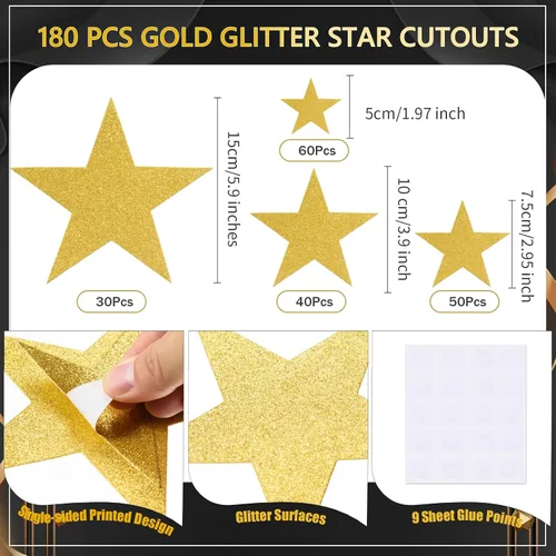 Vista 2 de 180 piezas de papel de recorte de estrella con purpurina dorada de cinco estrellas, decoraciones de confeti de estrellas doradas para tablón