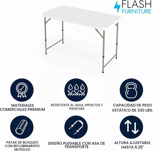 Vista 3 de Flash Furniture Mesa rectangular de plástico plegable de 4 pies con patas ajustables y asa de transporte, mesa de banquete portátil biplegable