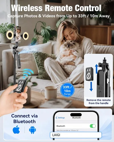Vista 7 de Content Creator Essentials Kit de vlogging para iPhone/Android, trípode de seguimiento automático de cara de 71 pulgadas para iPhone con luz y Negro
