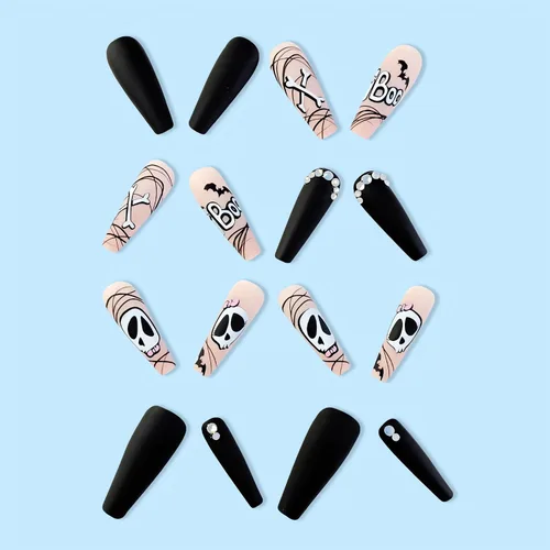 Vista 4 de 24 uñas largas a presión de Halloween, uñas postizas de Halloween, uñas postizas acrílicas con forma de ataúd con diseños, cobertura completa