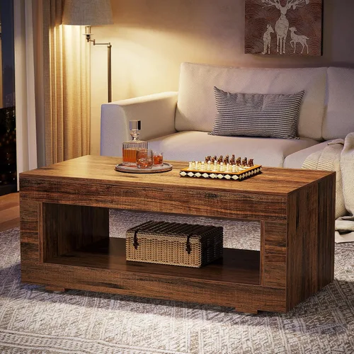 Vista 4 de Tribesigns Mesa de centro de madera para sala de estar, mesa de centro moderna de granja de 43.3 pulgadas con almacenamiento, mesa central