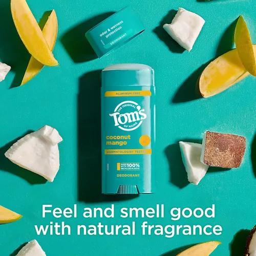 Vista 6 de Tom's of Maine Desodorante natural sin aluminio de coco y mango para mujeres y hombres, se pone transparente, protección contra olores y humedad