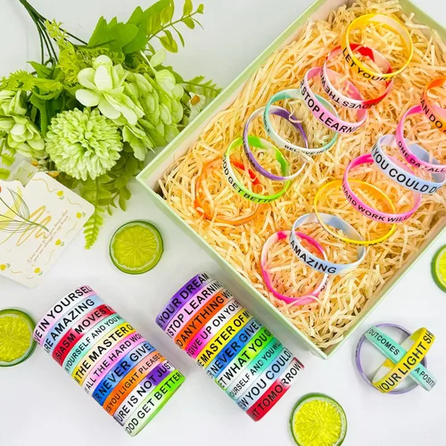 Vista 2 de Pulseras de silicona con cita motivacional, pulseras de goma inspiradoras de colores, pulseras elásticas unisex para niños y adolescentes, 20