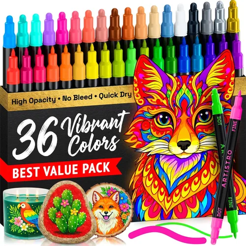 Vista 33 de ARTISTRO 5 marcadores negros de pintura acrílica de doble punta, juego de bolígrafos de pintura con puntos y puntas finas para tela, rocas, vidrio