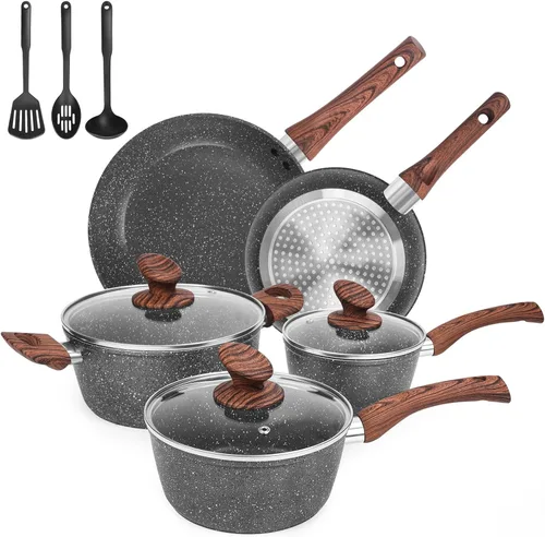 Vista 7 de M MELENTA Juego de ollas y sartenes ultra antiadherentes, preinstalados 11 piezas de utensilios de cocina de cobre con revestimiento de cerámica