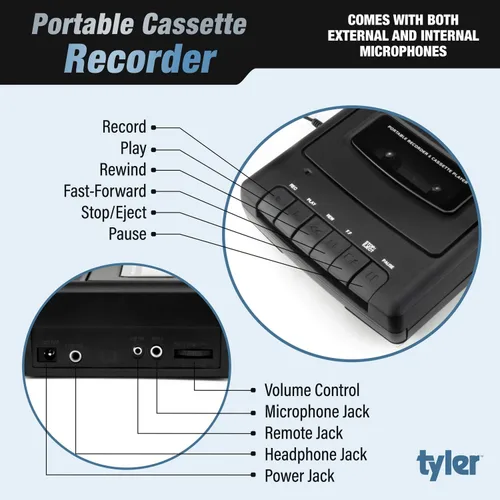 Vista 6 de Tyler TCP-01 - Reproductor de cassette portátil y grabador - Dispositivo de música estilo caja de zapatos retro con micrófono independiente, altavoz