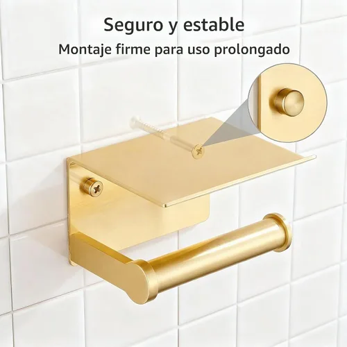 Vista 5 de Youda - Soporte de papel higiénico dorado con soporte de pared para estante, autoadhesivo o montaje con tornillo, aluminio inoxidable, se adapta a