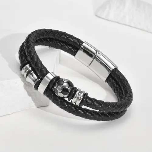 Vista 6 de TempBeau Pulsera de cuero genuino de fútbol para hombre, pulsera de cuero trenzado para niño, pulsera de cuero negro, regalos para papá, Acero