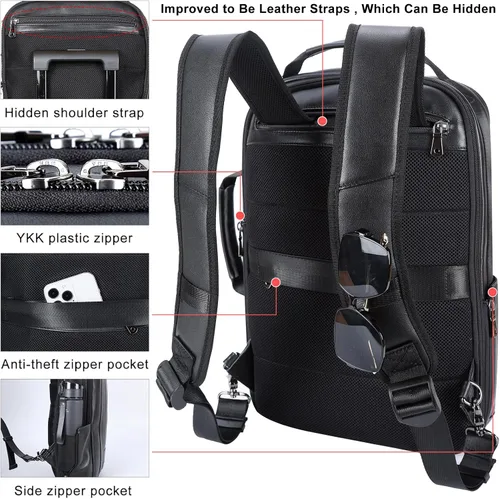 Vista 3 de Masa Kawa Mochila para portátil de cuero delgado de 15.6 pulgadas para hombre, maletín convertible, mochilas expandibles, color negro, bolsa