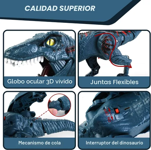 Vista 5 de Juguetes grandes de dinosaurio con control remoto para niños, juguetes de velociraptor jurásico que imita caminar y sonidos, juguetes robot que