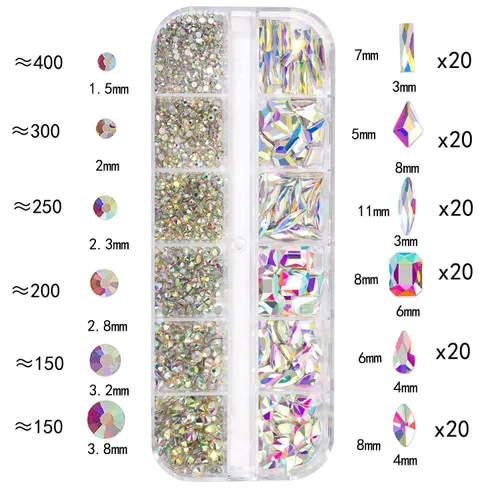 Vista 3 de Kit de diamantes de imitación para uñas, 1500 piezas de diamantes de imitación redondos con parte trasera plana, gemas de uñas AB multiformas, 0.3