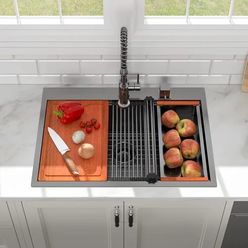 Vista 2 de Fregadero de cocina negro de 30"x19", estación de trabajo con revestimiento nano, acero inoxidable 304 calibre 16, hecho a mano, montaje superior