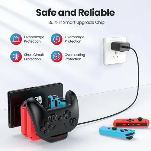 Vista 5 de NEWDERY Base de carga para controlador Nintendo Switch Pro y Joy con, estación de carga rápida 6 en 1 para Switch y modelo OLED y Lite con indicador