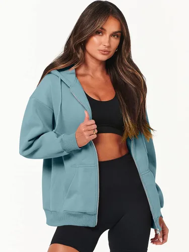 Vista 4 de ANRABESS Sudaderas con capucha y cremallera para mujer, de manga larga, sudaderas de gran tamaño, forro polar Y2K, con bolsillos, ropa de otoño