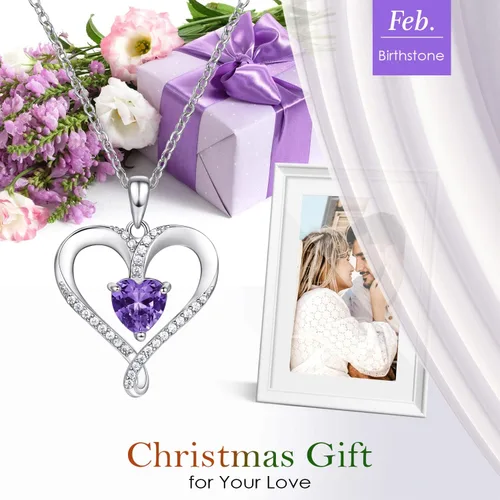 Vista 6 de Collar de piedra natal para mujer, collar de corazón de oro blanco de 18 quilates con relleno de plata de ley 925, joyería de diamante para mujer
