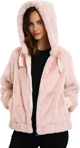 Vista 5 de Bellivera - Abrigo de piel sintética para mujer, chaqueta de vellón con capucha peluda y mullida, con forro de sherpa