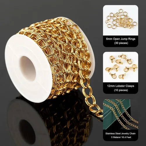 Vista 2 de UMAOKANG Cadena de joyería de acero inoxidable de 16.4 pies, cadena chapada en oro a granel para hacer joyas, collares, pulseras, rollo de cadena